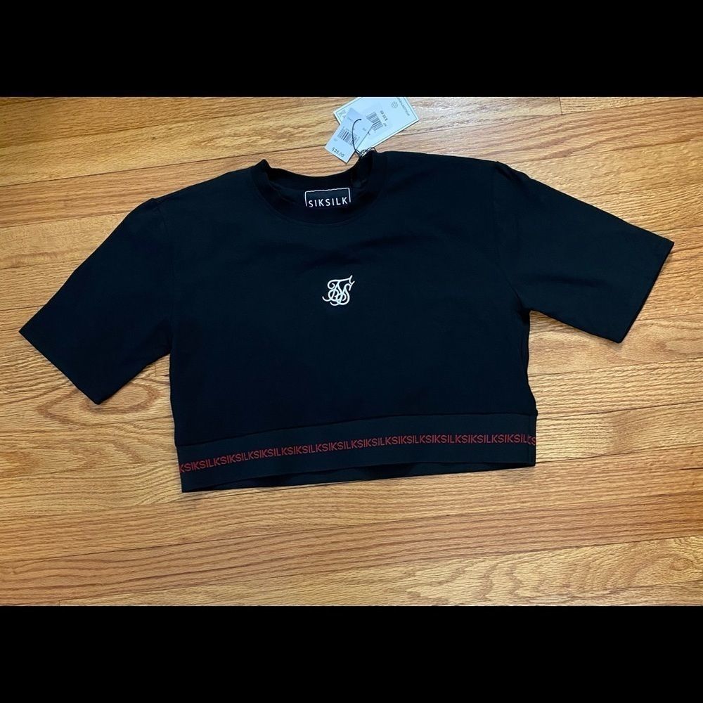 Siksilk Cropped Tee Women’s Medium-US 8 Black Short Sleeve Imperial Shirt NWT